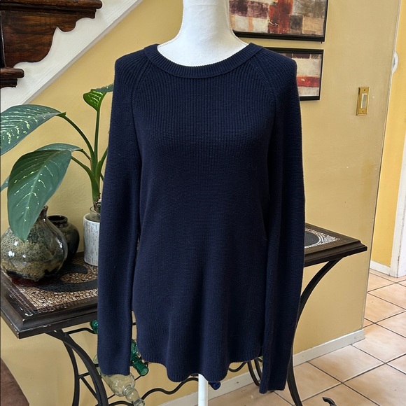 Loft Navy Blue Ribbed White Bow Tie Crew Neck Cotton Knit Pullover Sweater NWOT - Picture 4 of 15
